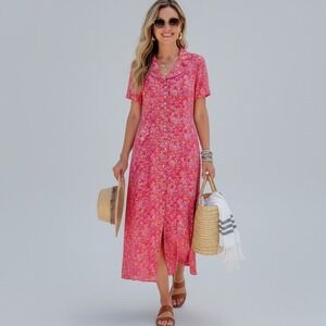 Vtg. Dressbarn Floral Print Button Front Midi‎ Dress Women 10 Pink Short Sleeve